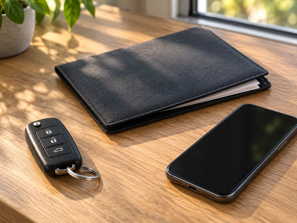 Autoschlüssel, geschlossene Dokumentenmappe und Smartphone auf einem Tisch