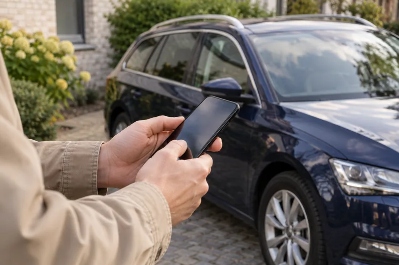 Hände mit einem Smartphone neben einem dunkelblauen Kombi