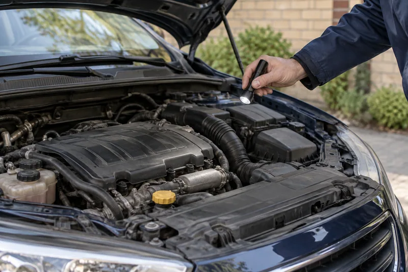 Eine Hand beleuchtet den geöffneten Motorraum mit einer Taschenlampe