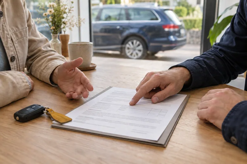 Zwei Personen besprechen ein Dokument an einem Tisch; die Hände sind sichtbar, die Angaben auf dem Papier nicht lesbar